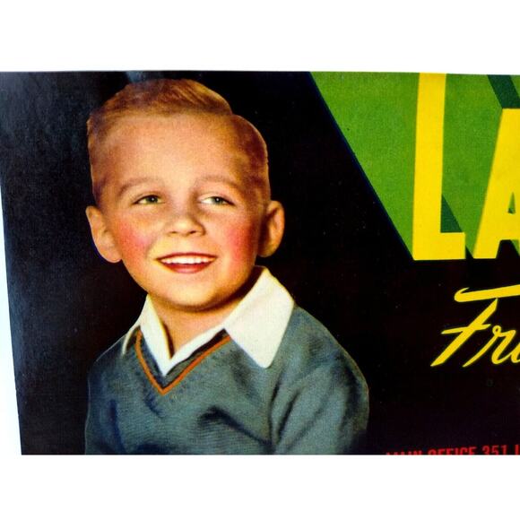 Larry Joe Fruit Crate Label Young Smiling Boy Original Vintage 1950's Vegetables - Picture 2 of 5